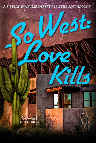 Book cover featuring a desert night with an adobe house and an ominous person at the window inside and a giant saguaro cactus in the yard.